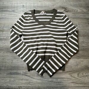 Stella Tweed Sweater‎ Womens Large Olive Green White Striped V-Neck Long Sleeve